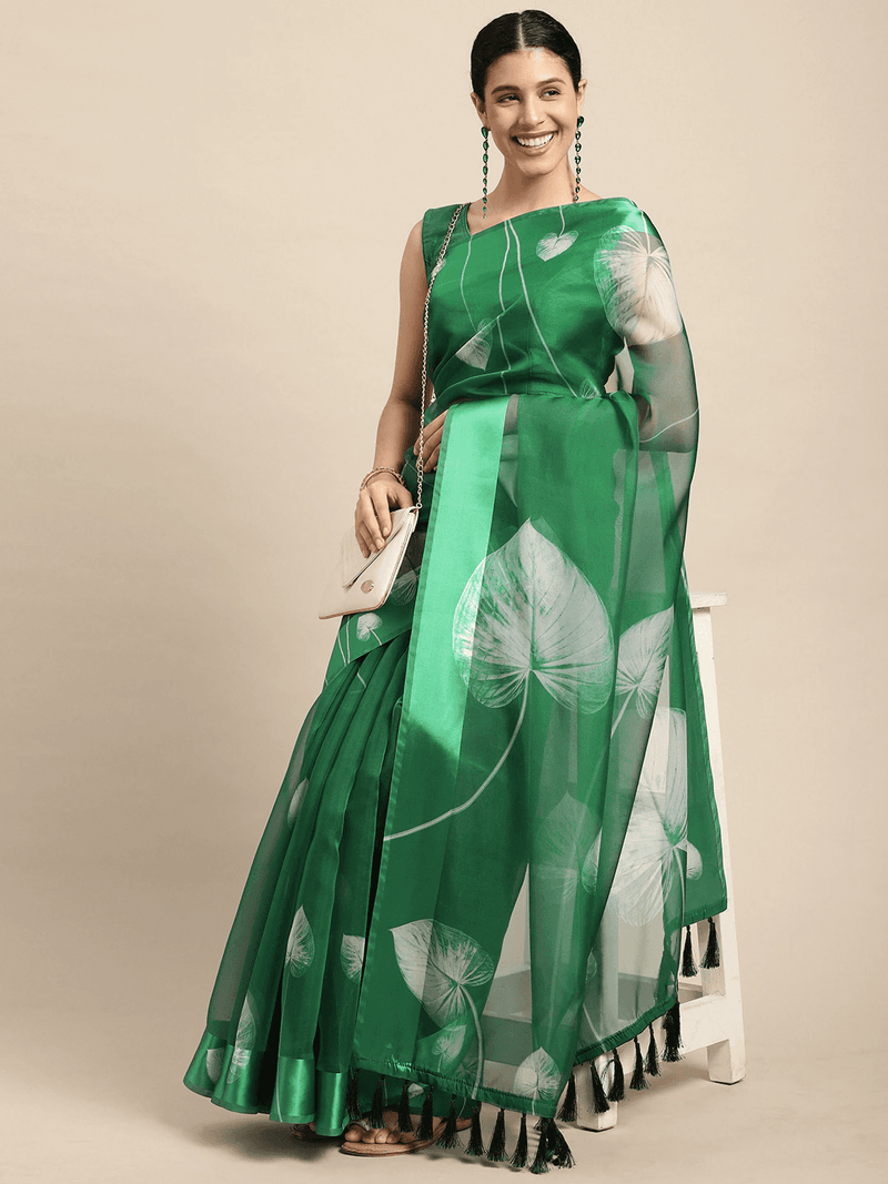 Green Soft Organza Saree with Satin Border and Flower Digital Print