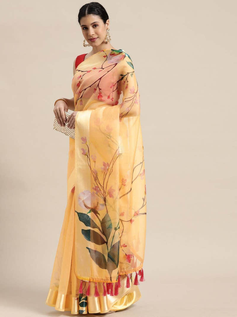Orange Soft Organza Saree with Satin Border and Flower Digital Print