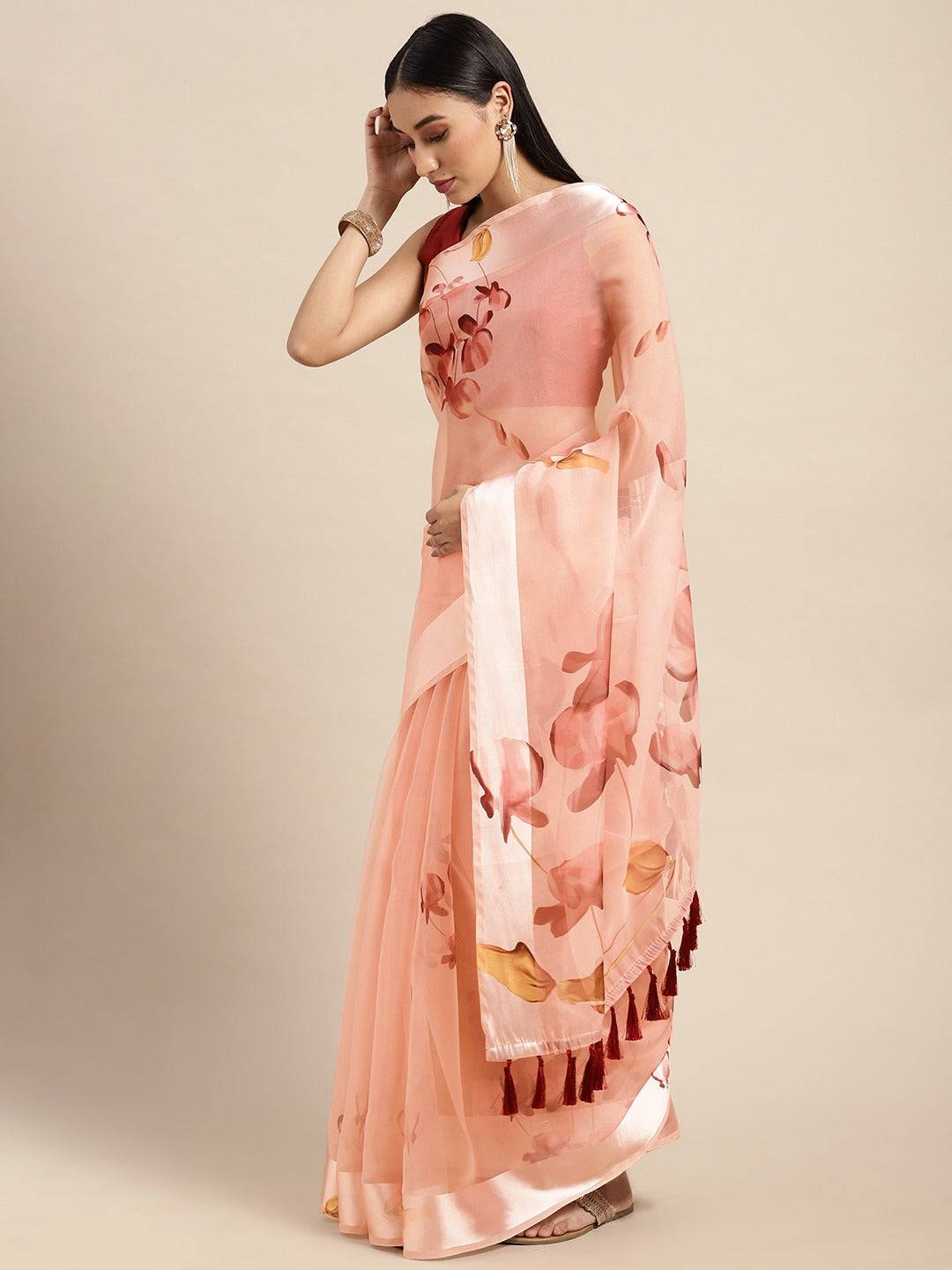 Organza With Satin Border Flower Print Party Wear Saree