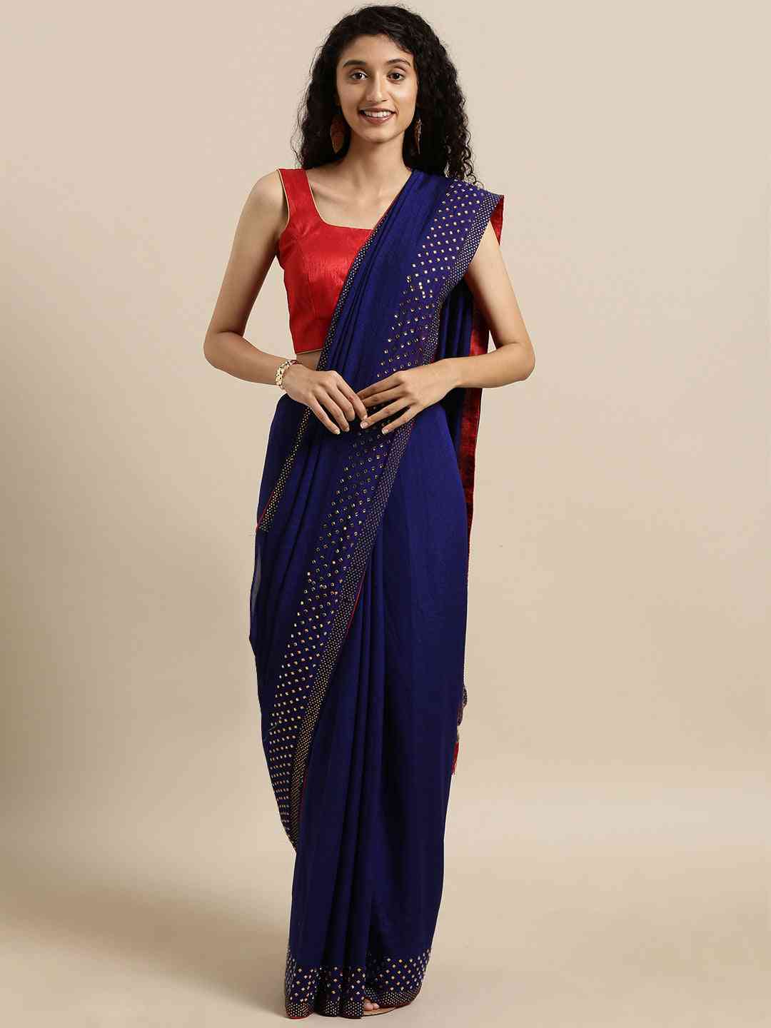 Poly Silk Navy Blue Saree with Embellished Border