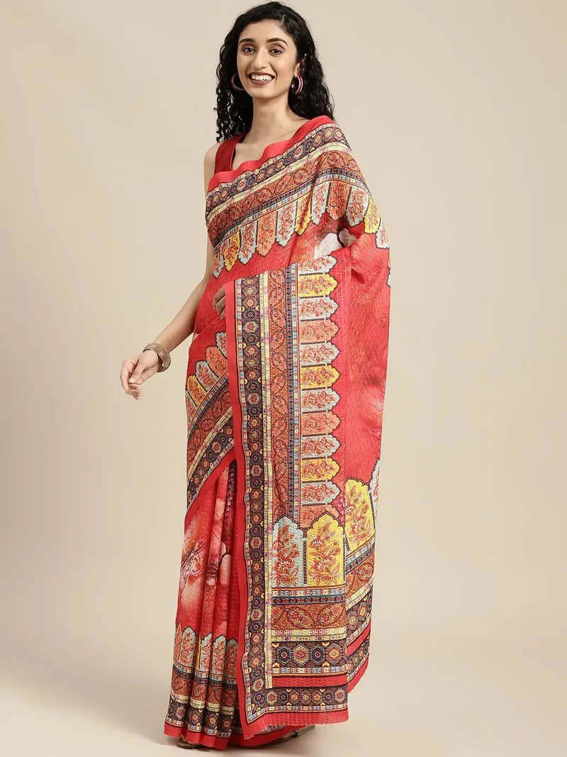 Beautiful Red Colour Mughal Printed Silk Saree