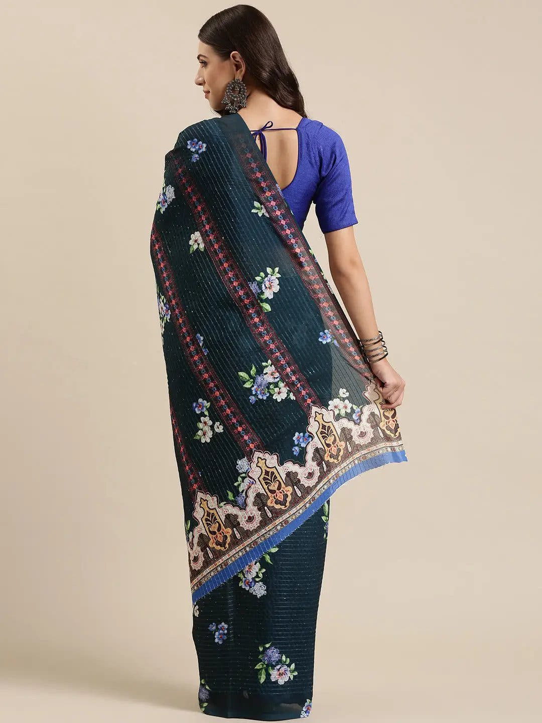 Stylish Blue Colour Floral Print Saree with Sequence Work
