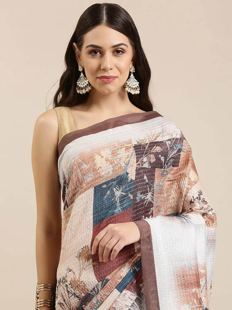 Beautiful Abstract Printed With Sequinned Work Silk Saree
