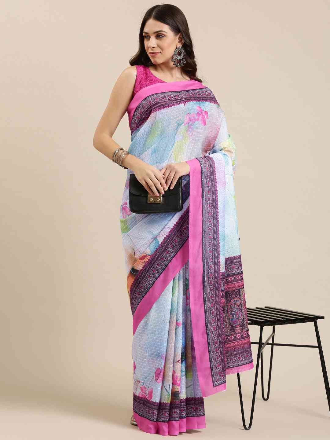 Beautiful Floral Print Silk Saree with Sequenced Work
