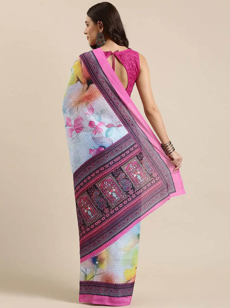 Beautiful Floral Print With Sequinned Work Silk Saree