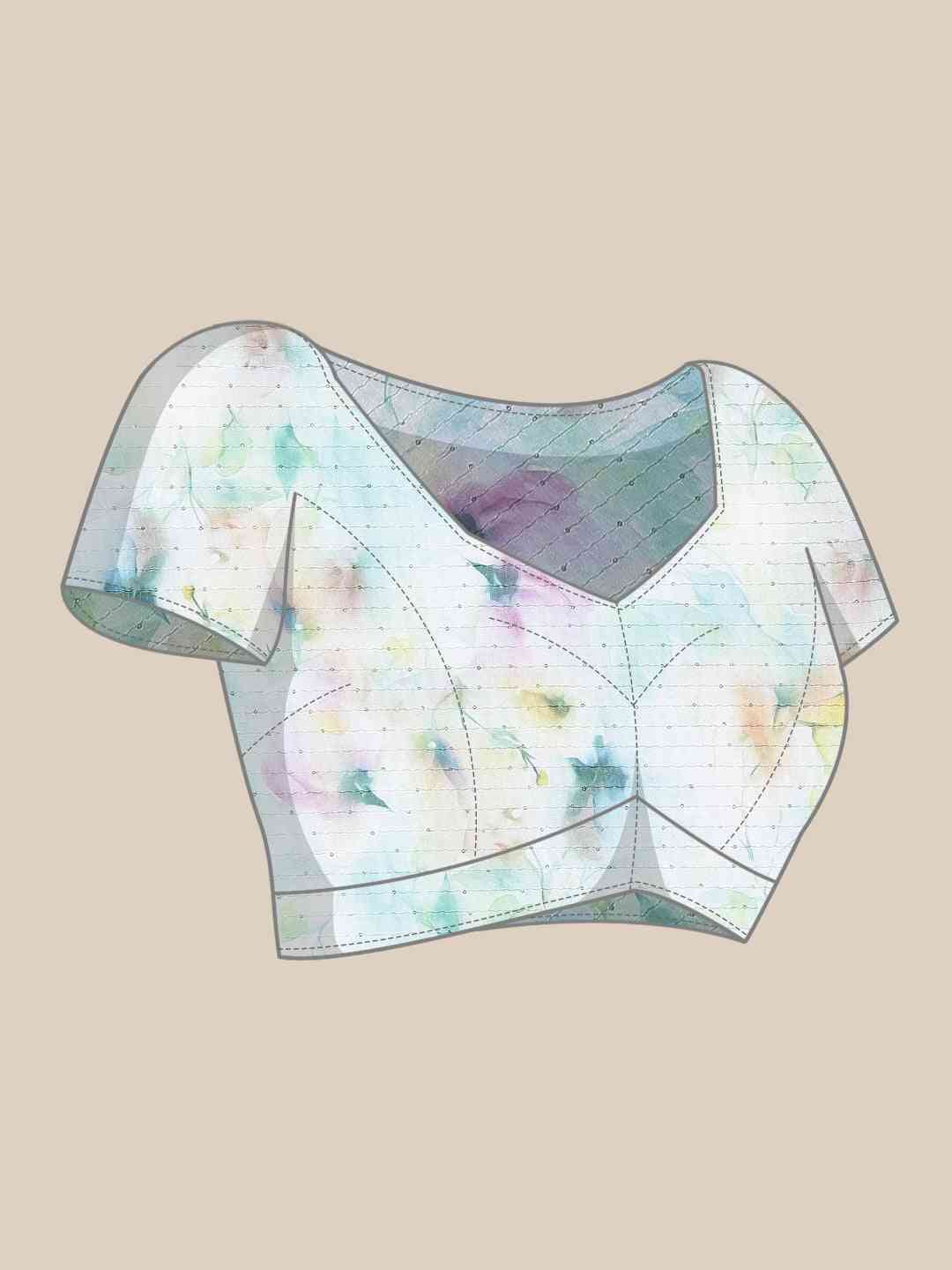 Beautiful Floral Print Silk Saree with Sequenced Work