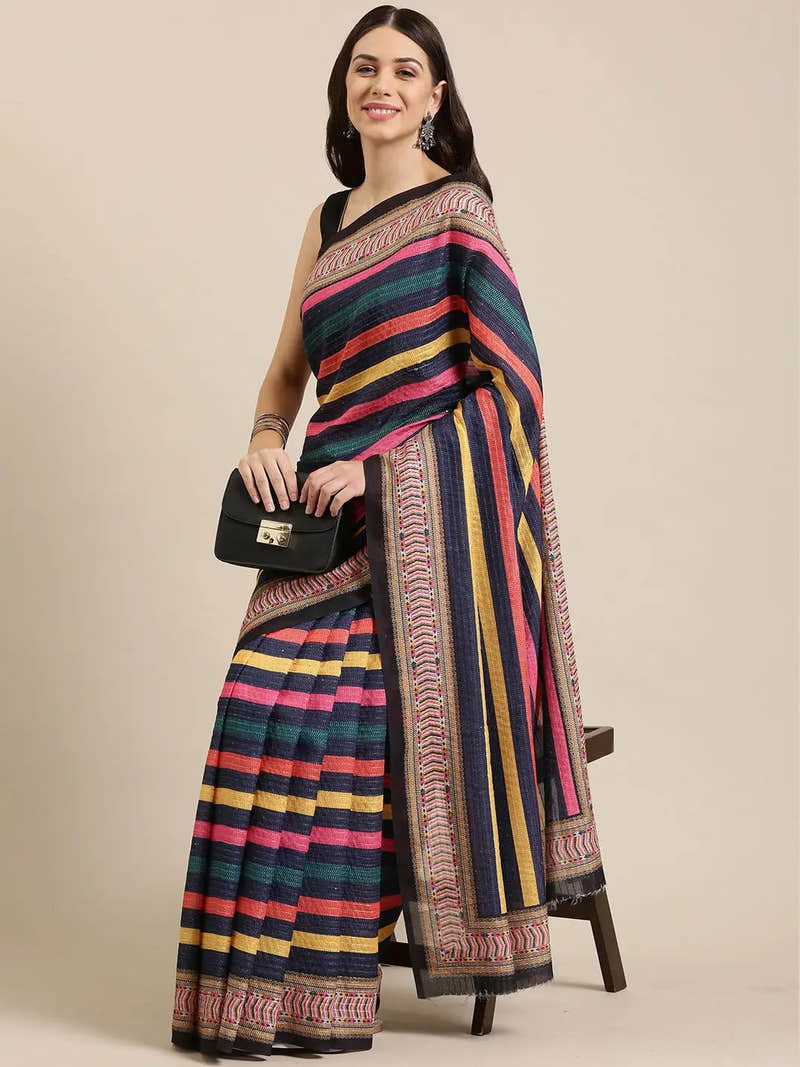 Beautiful Striped Print With Sequinned Work Silk Saree