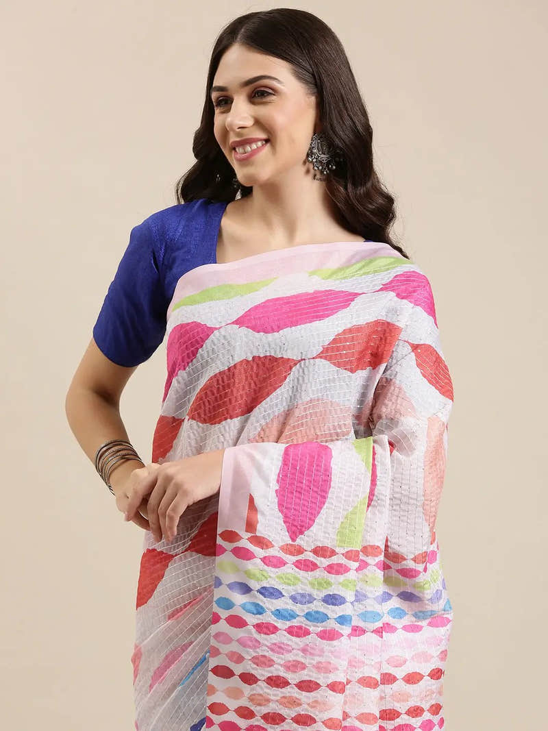 Beautiful Geometric Print With Sequinned Work Silk Saree