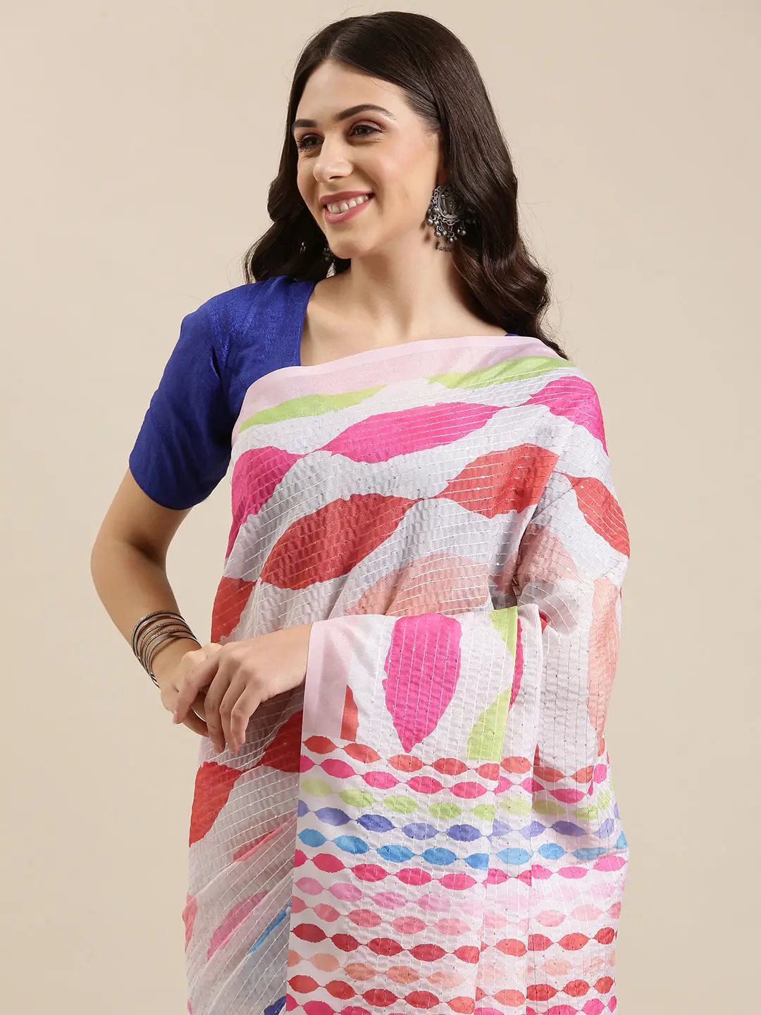 Beautiful Geometric Print With Sequinned Work Silk Saree