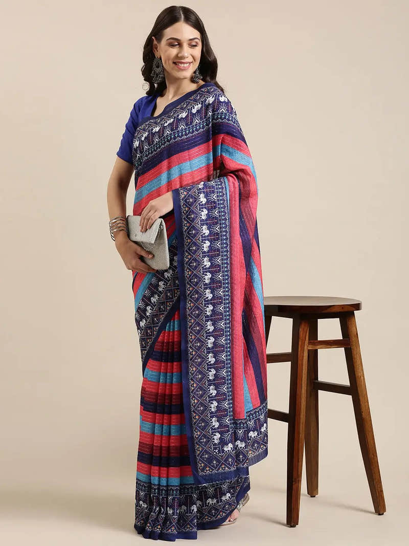 Beautiful Striped Print With Sequinned Work Silk Saree