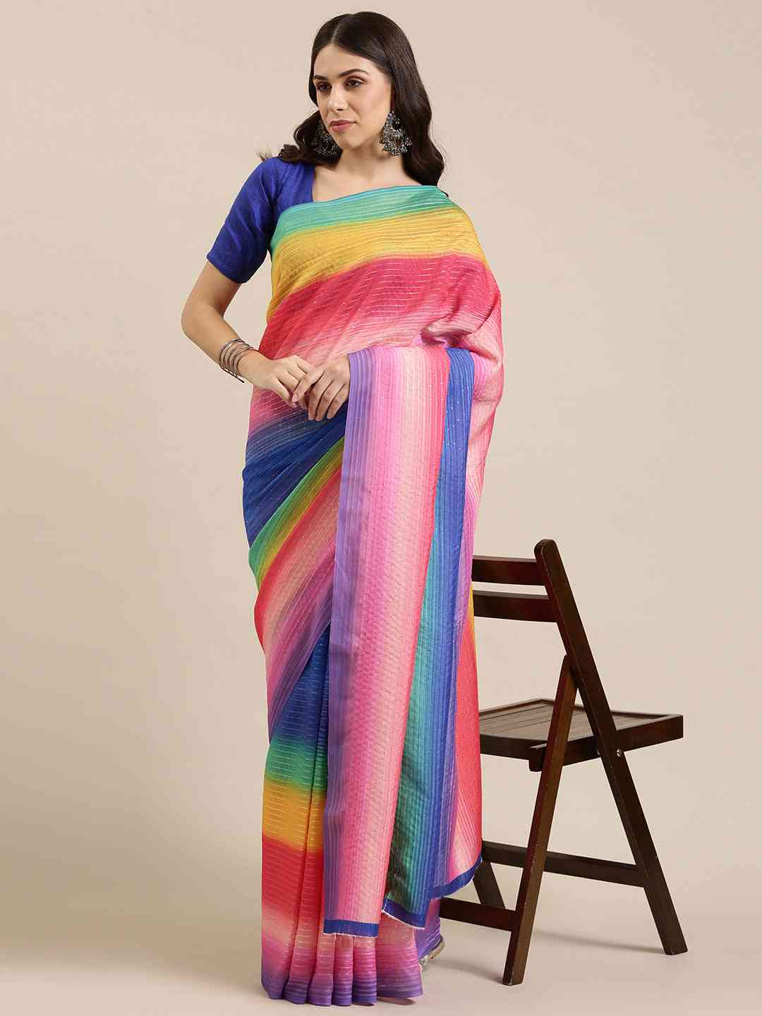 Beautiful Striped Print Silk Saree with Sequence Work