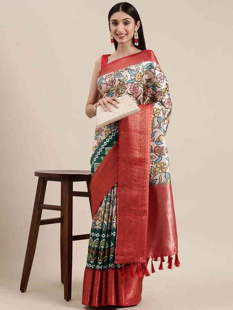 Cream Colour Kanjivaram Zari Silk Saree With Ethnic Motifs
