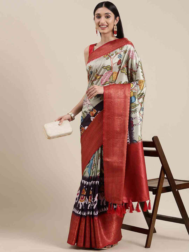 Green Colour Kalamkari Print Kanjivaram Zari Silk Saree
