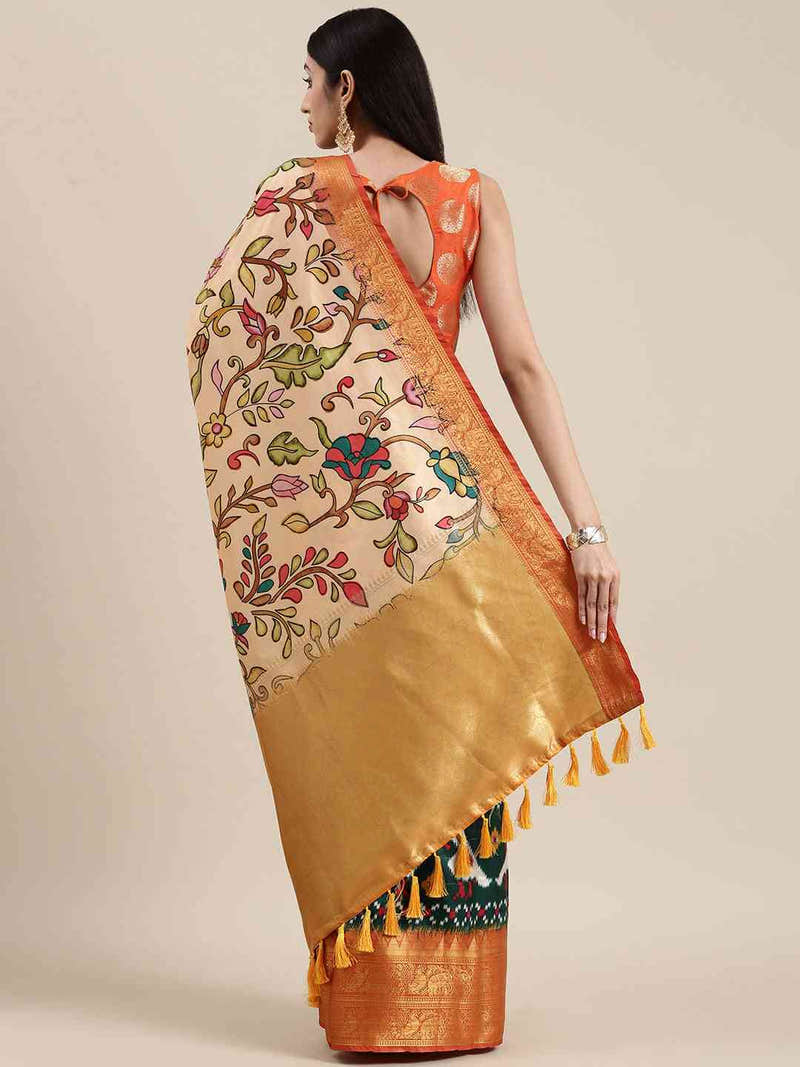 Cream Colour Kalamkari Print Kanjivaram Zari Silk Saree