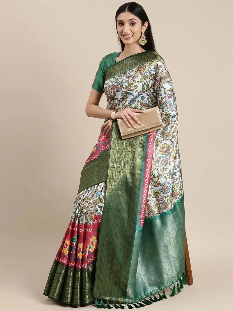 Green Colour Kalamkari Print Kanjivaram Zari Silk Saree