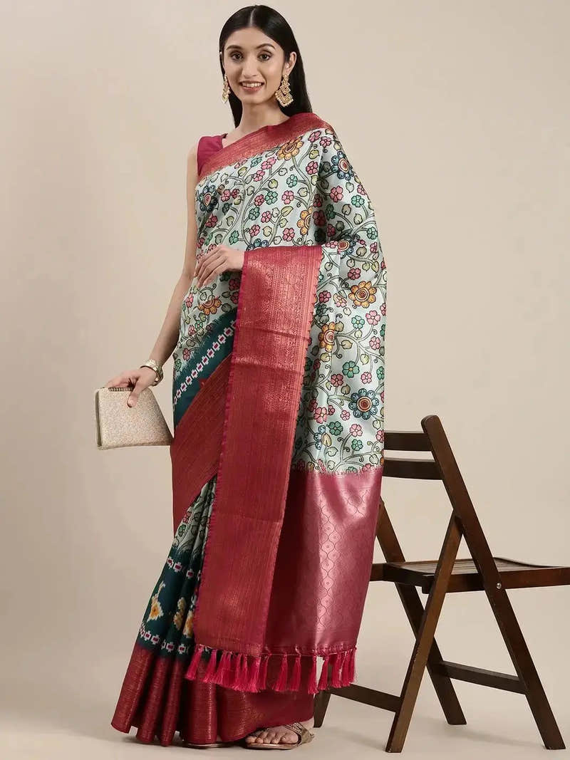 Sky Blue Kalamkari Print Kanjivaram Zari Silk Saree