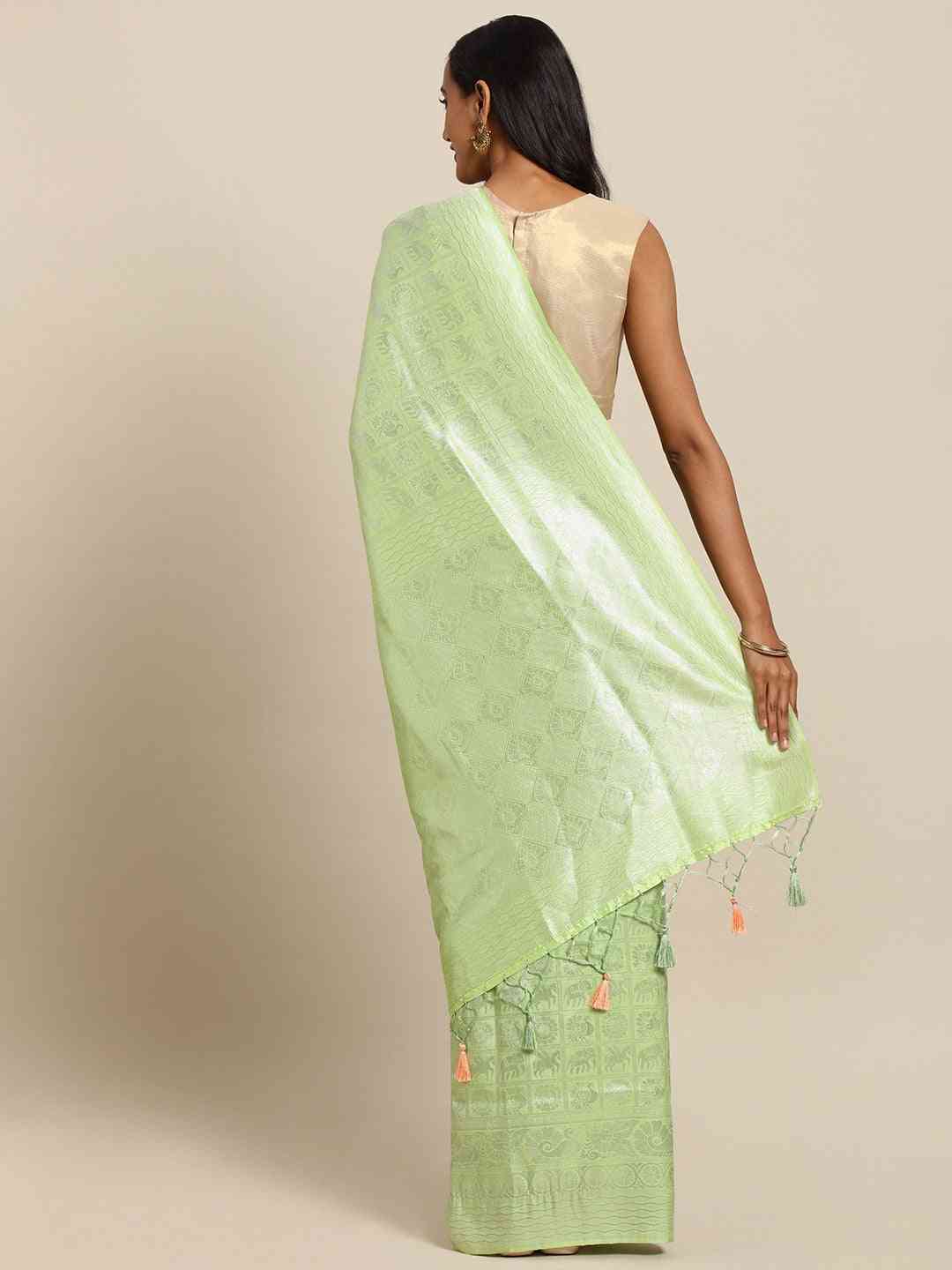 Baluchari Pista Colour Silk Blend Woven Design Saree
