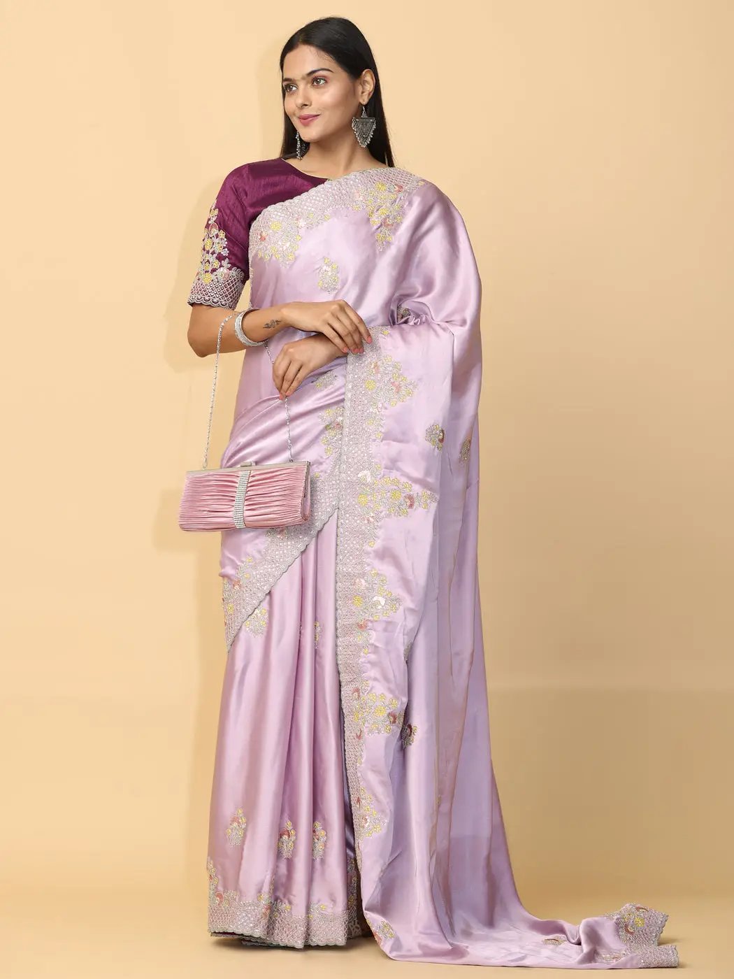 Pastel Lilac Satin Embroidery Saree