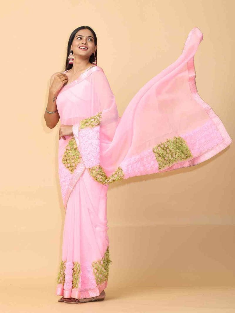 Pink Colour Ribbon Poly Georgette Party Wear Saree