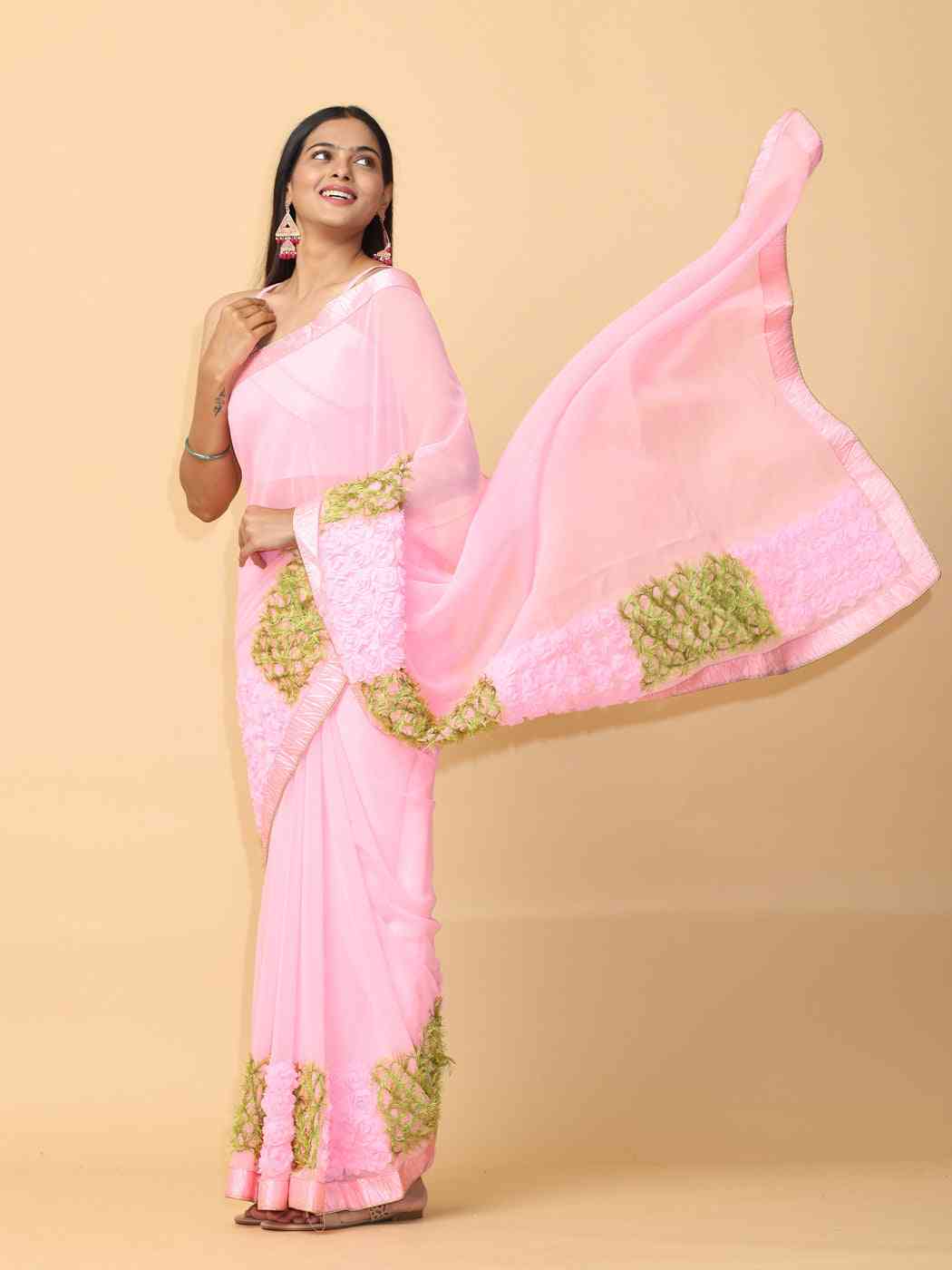 Ribbon Embroidered Poly Georgette Party Wear Saree