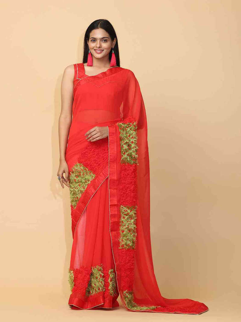 Red Colour Ribbon Poly Georgette Party Wear Saree