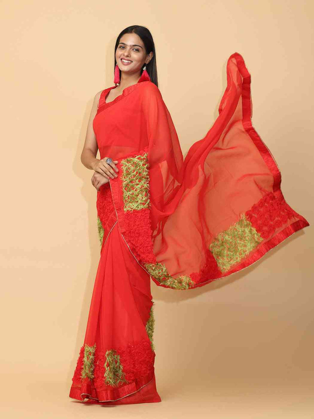 Ribbon Embroidered Poly Georgette Party Wear Saree
