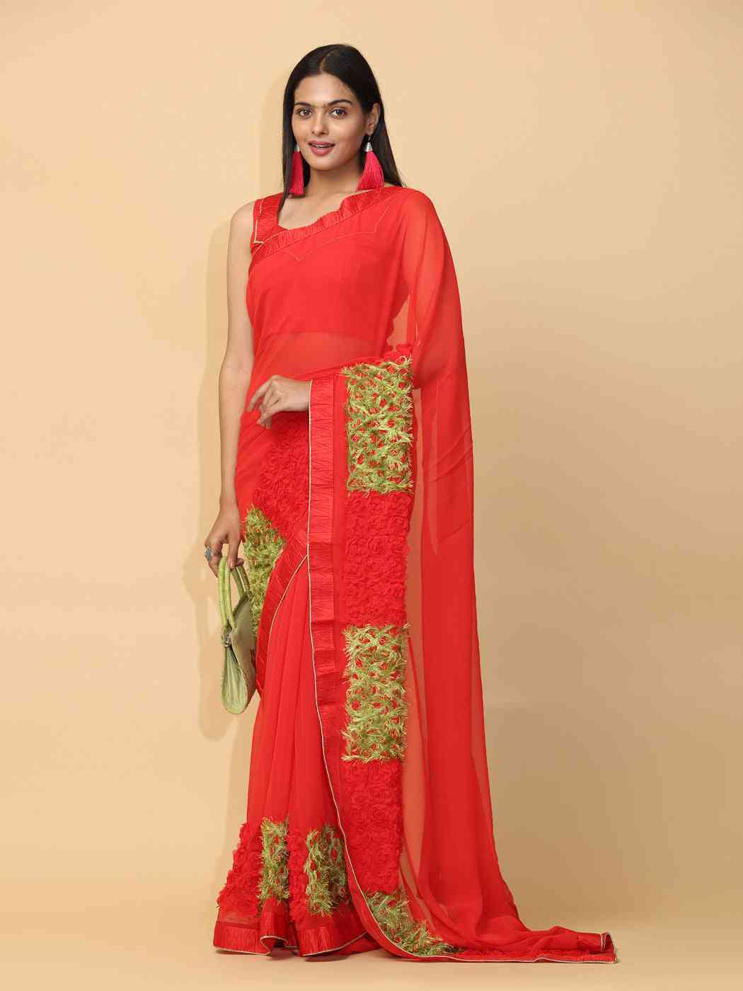 Ribbon Embroidered Poly Georgette Party Wear Saree