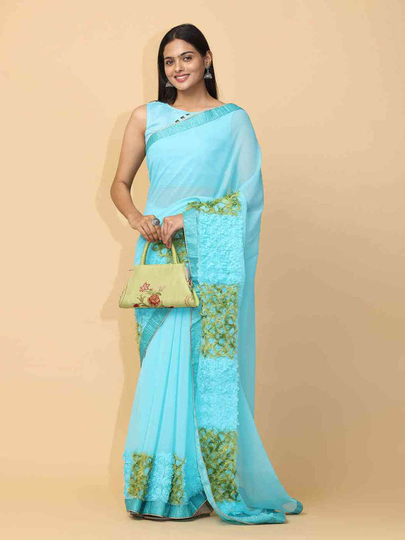 Sky Blue Colour Ribbon Poly Georgette Party Wear Saree