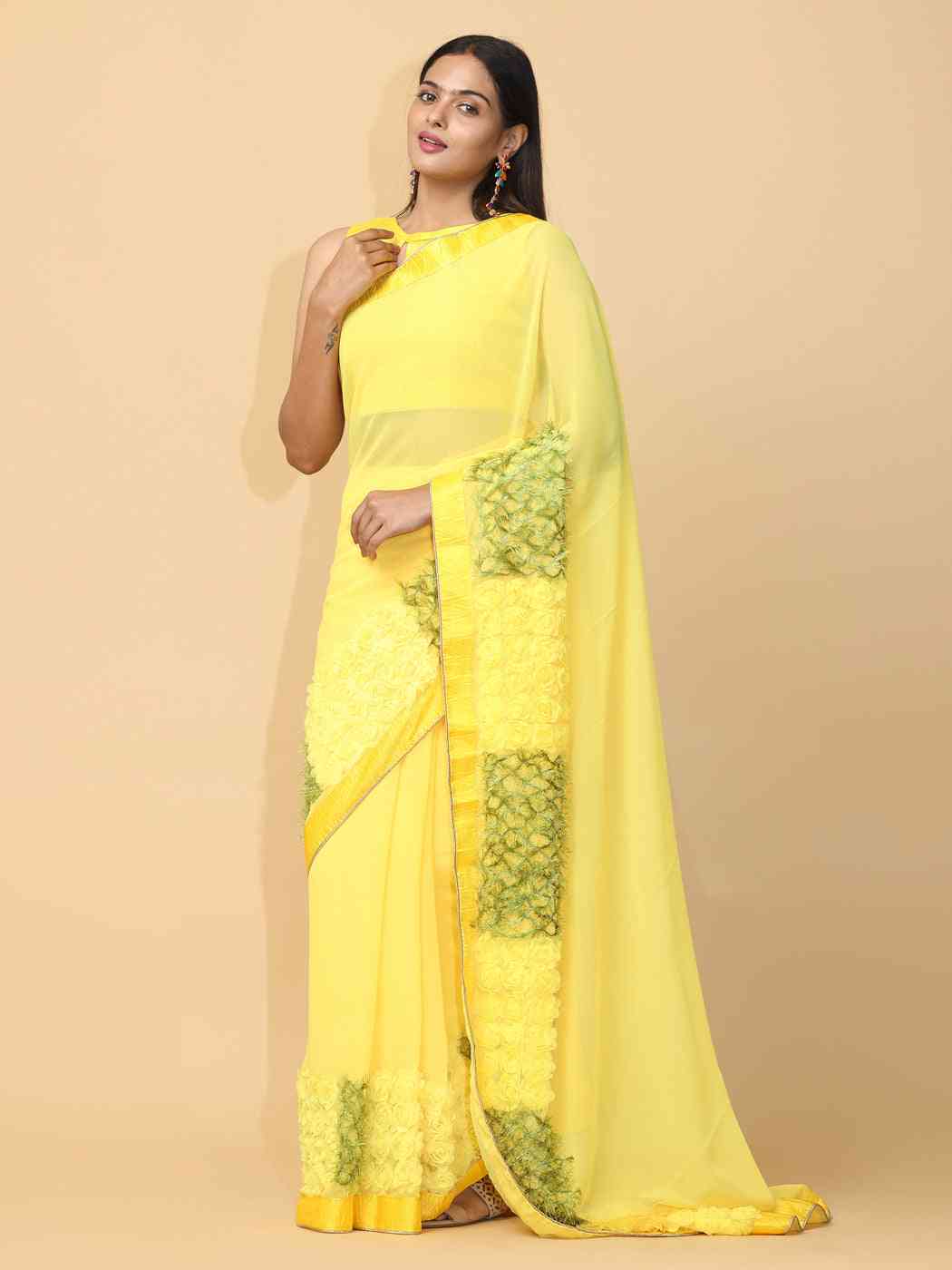 Ribbon Embroidered Poly Georgette Party Wear Saree