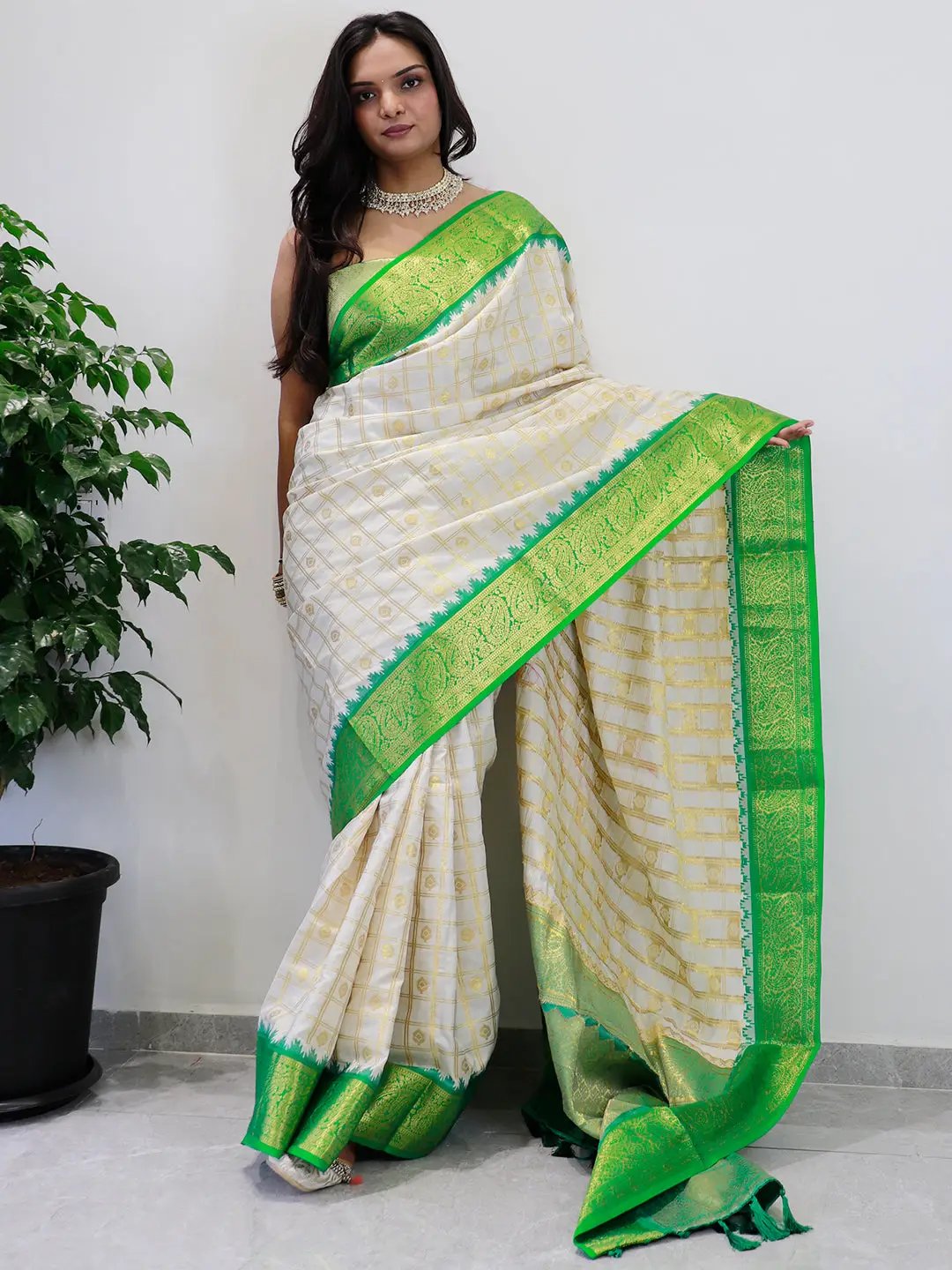 Elegant soft silk Gadwal saree with green temple border