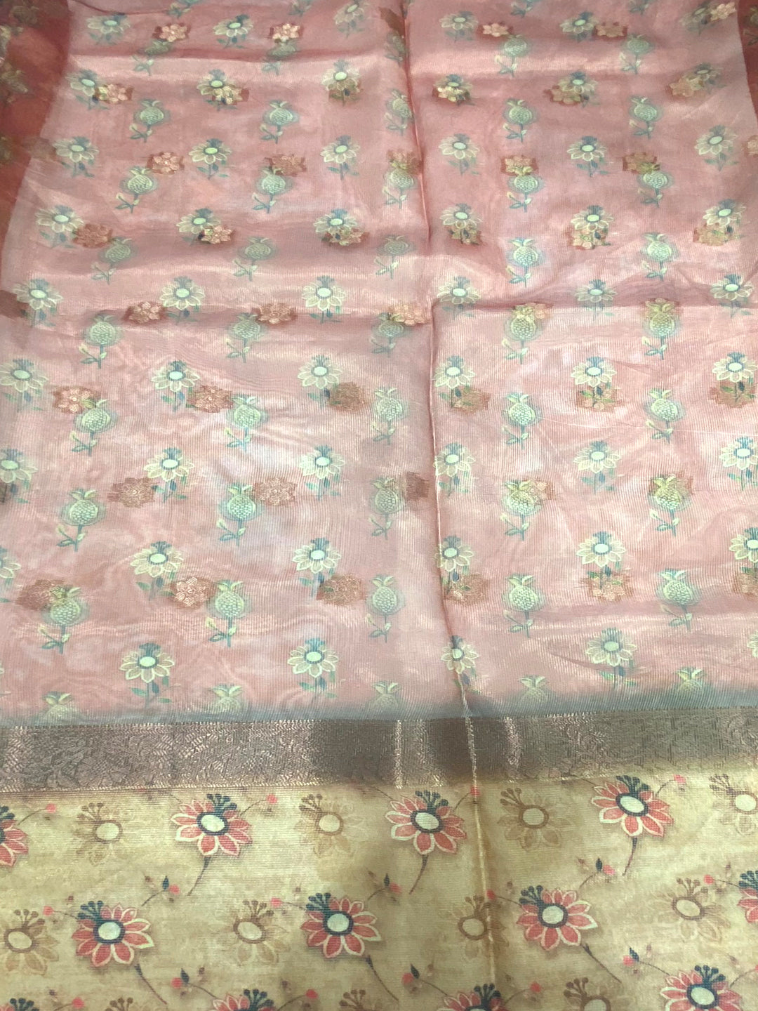 Green Floral Satin Bentex Border Saree