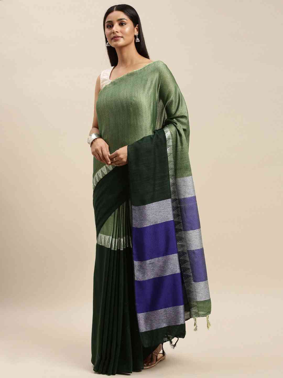 Olive Green & Blue Colour Linen Banarasi Saree