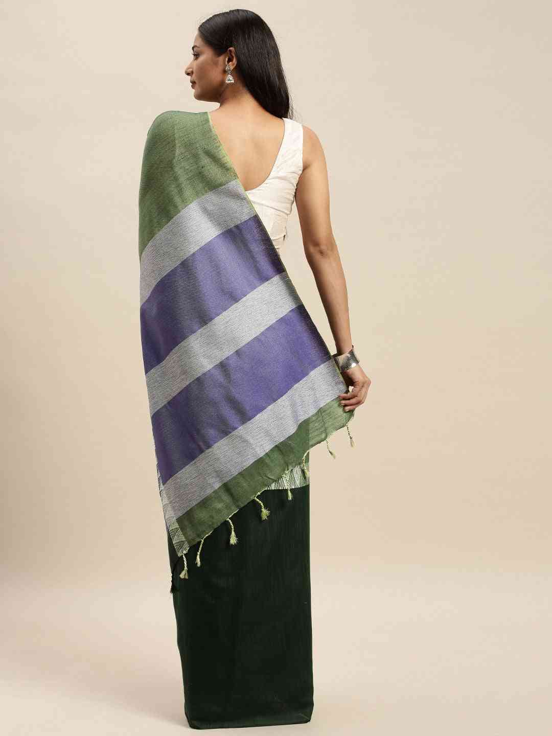 Olive Green & Blue Colour Linen Banarasi Saree