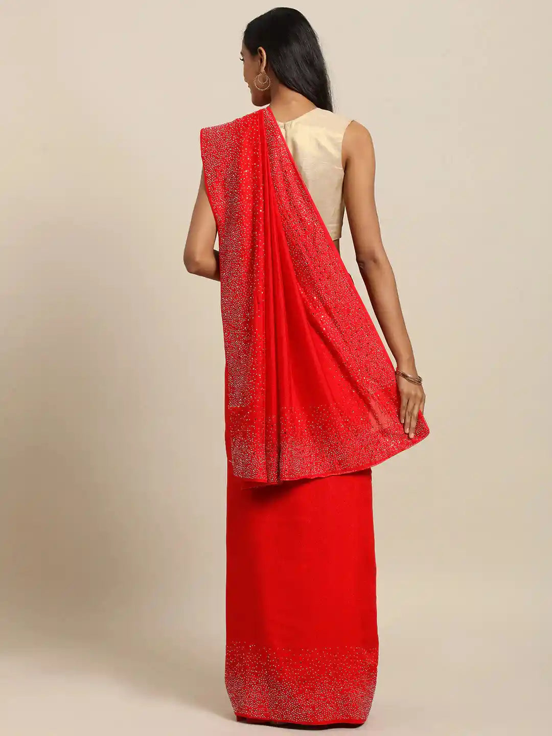 Embellished Poly Silk Red Saree with Blouse