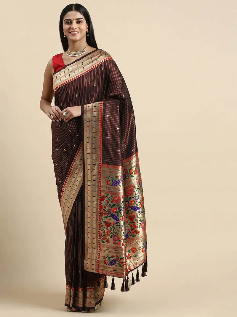 Beautiful Yevla Paithani Brown Colour Minakari Work Silk Saree