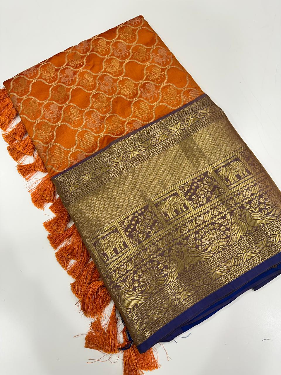 Soft Silk Orange Colour Kanjivaaram Traditional Wear Saree