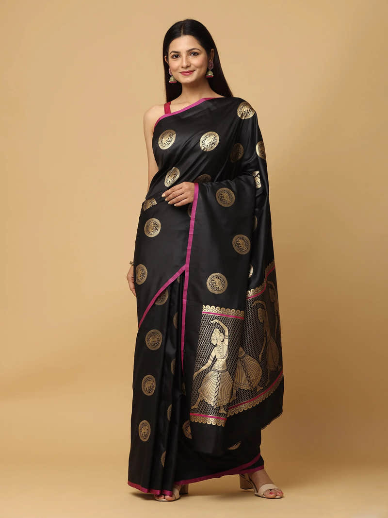 Black Katan Silk Jacquard Saree with Dancer Pallu and Pink Border