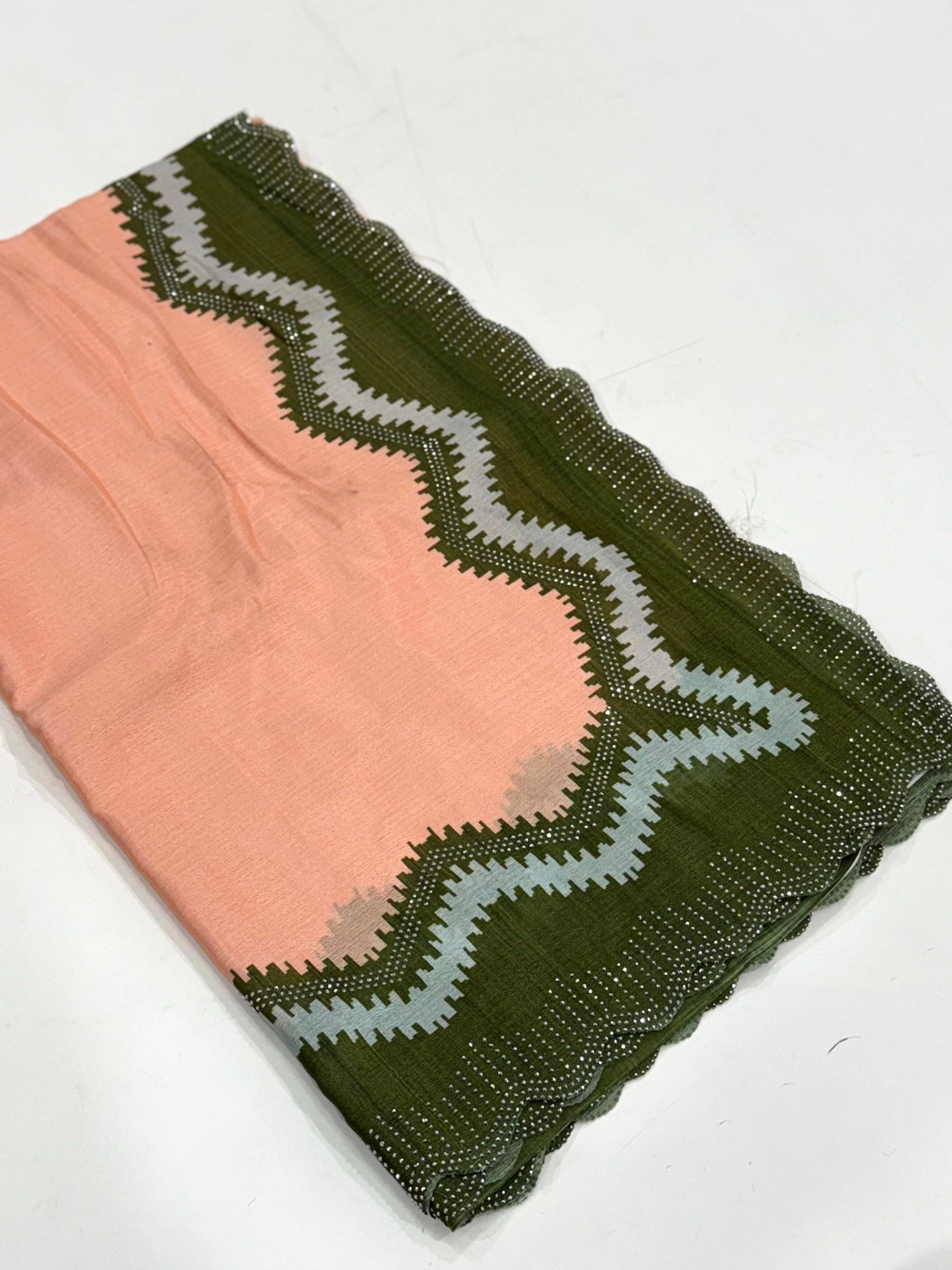 Peach Soft Chinnon Swarovski Work Saree