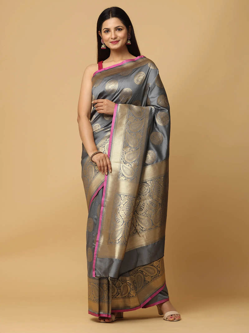 Grey Colour Banarasi Katan Silk Kanchi Zari Weaving Saree