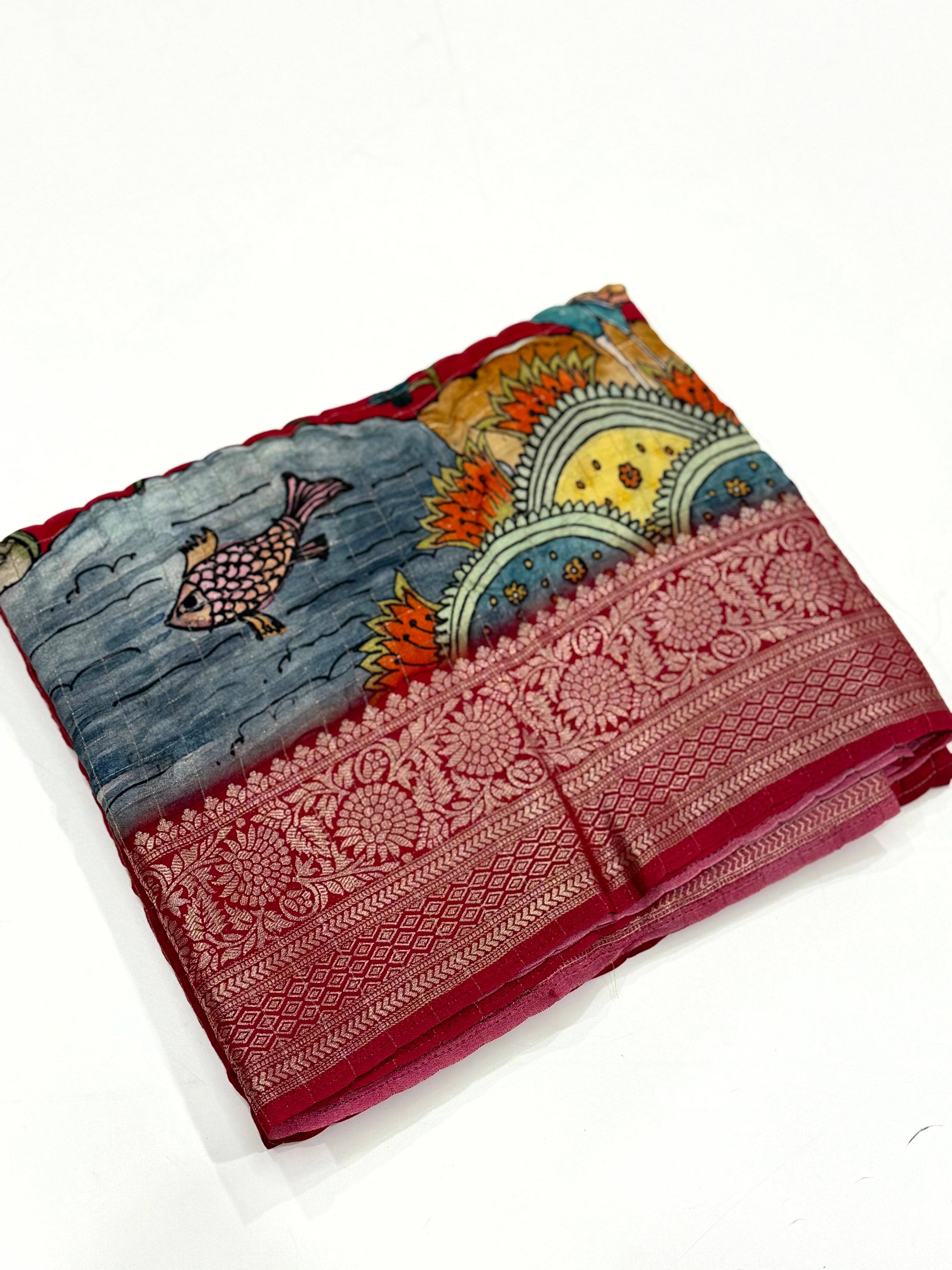 Maroon Pure Viscose Kalalmkari Print Saree