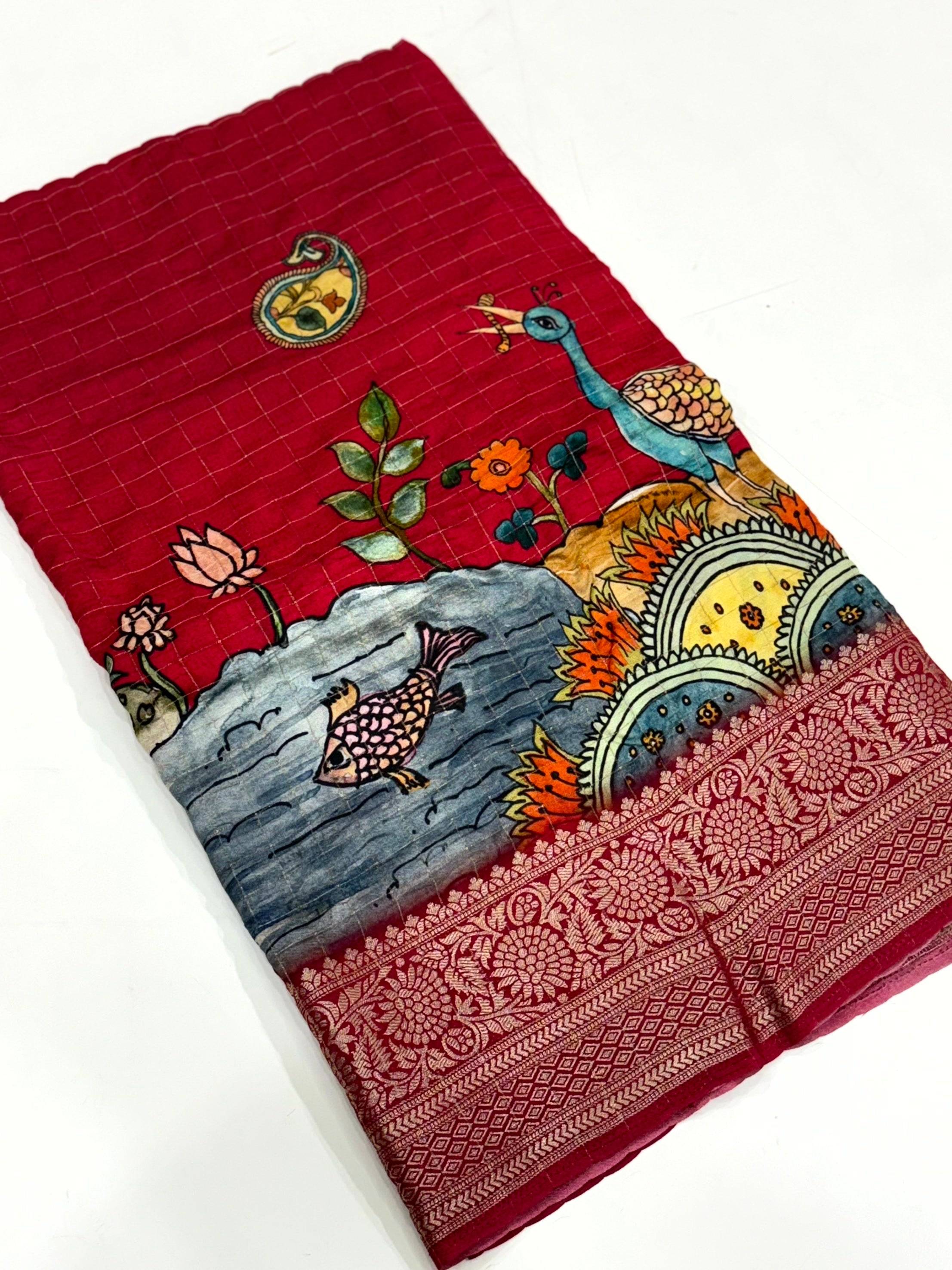 Maroon Pure Viscose Kalalmkari Print Saree