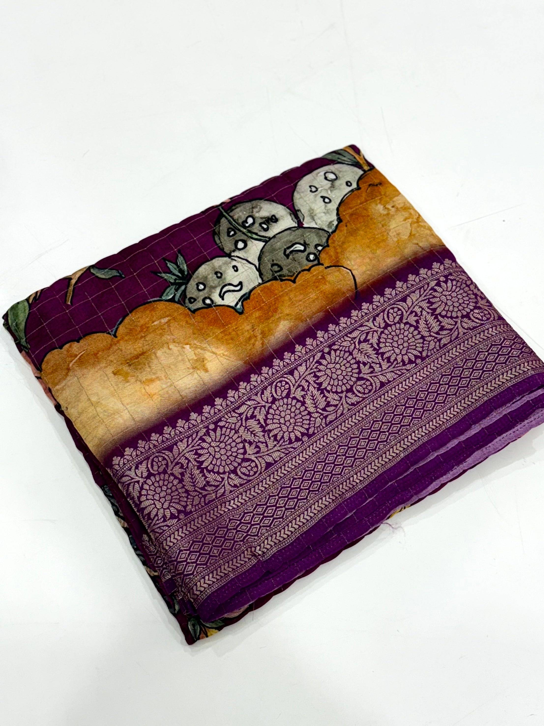 Purple Pure Viscose Kalalmkari Print Saree