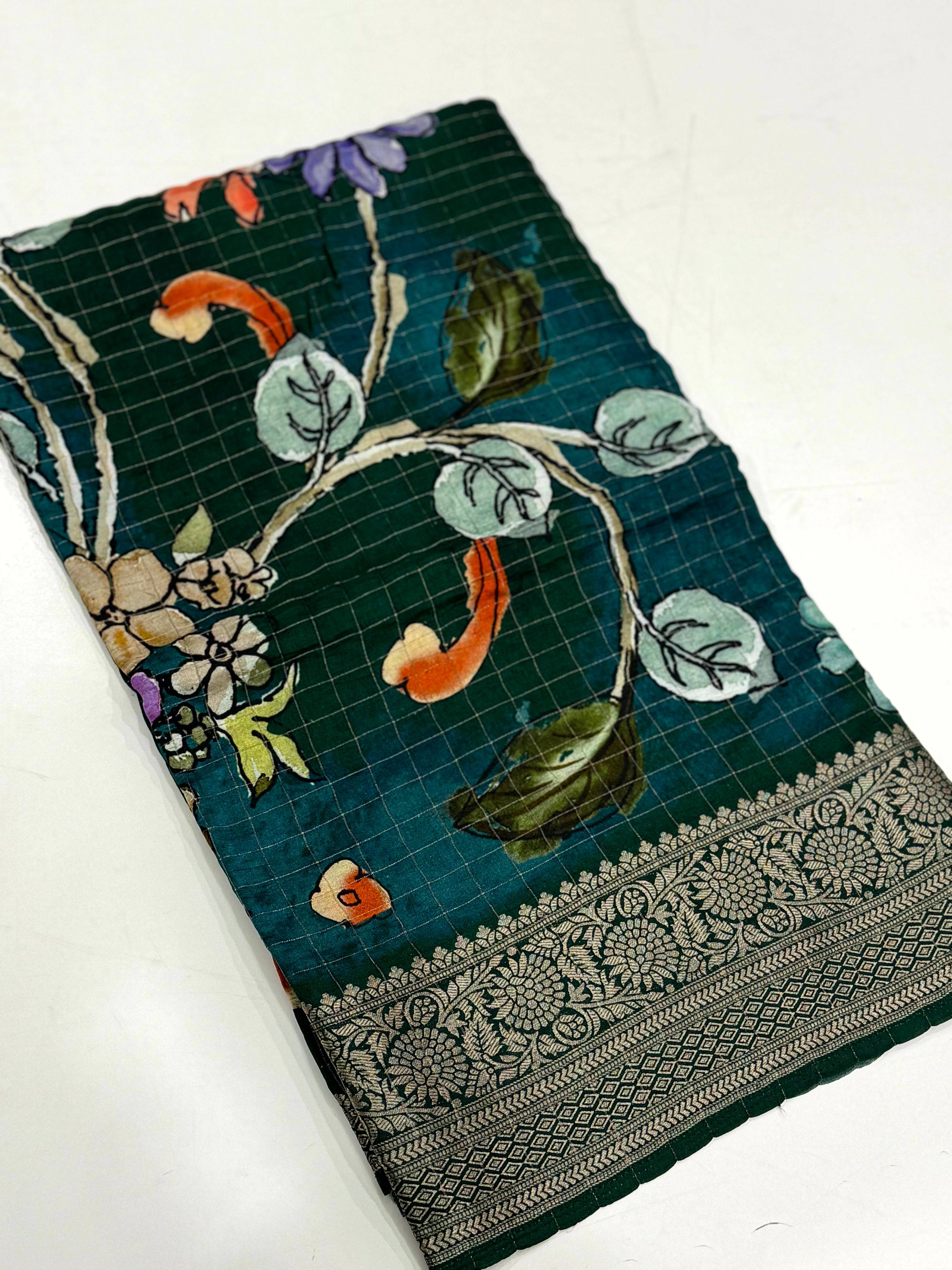 Teal Pure Viscose Kalalmkari Print Saree