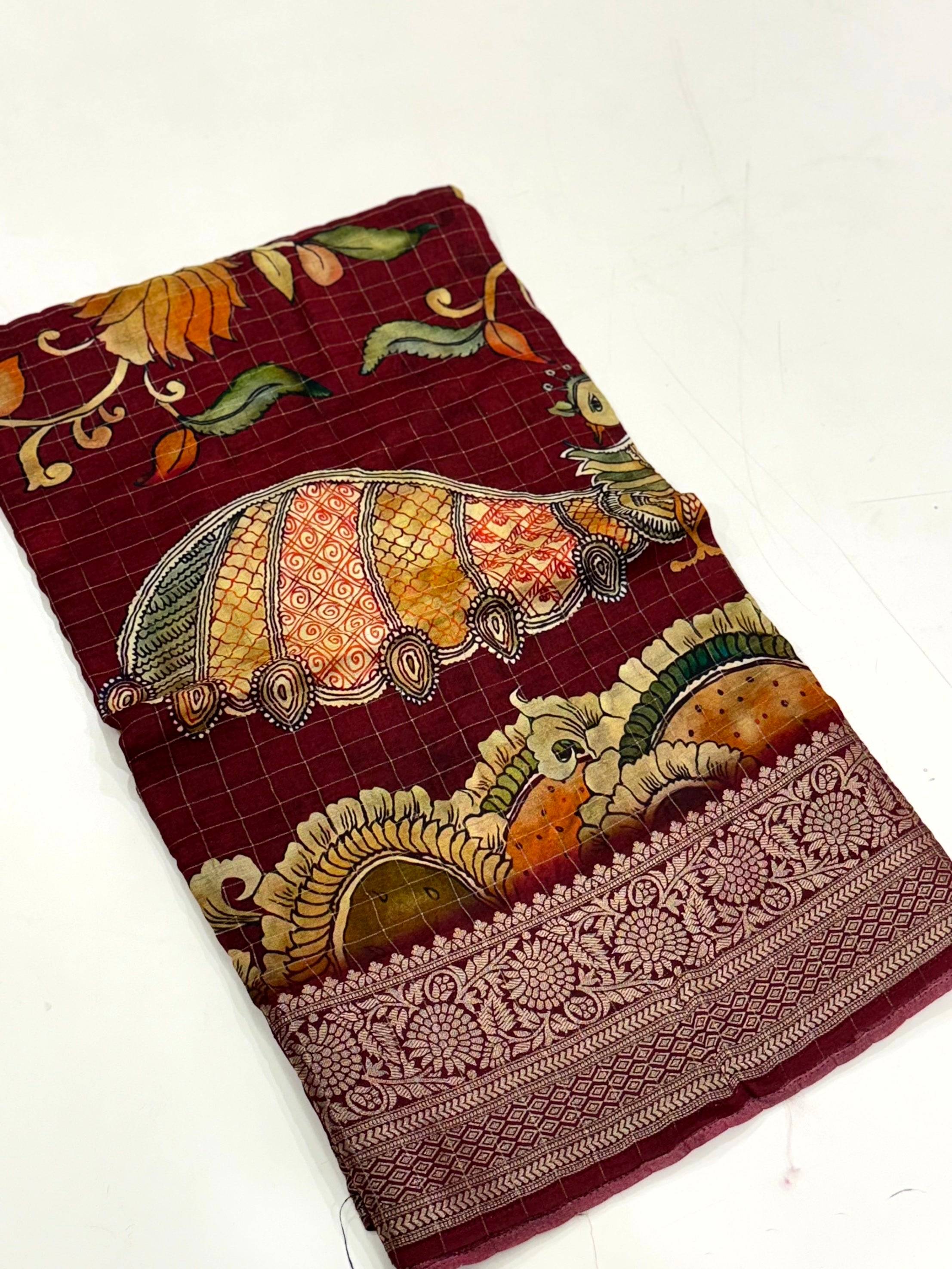 Deep Maroon Pure Viscose Kalalmkari Print Saree