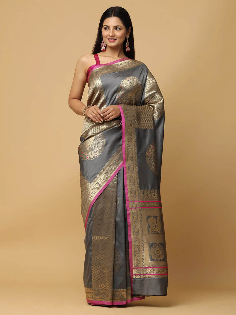 Grey Banarasi Katan Silk Saree with Peacock Zari Pallu