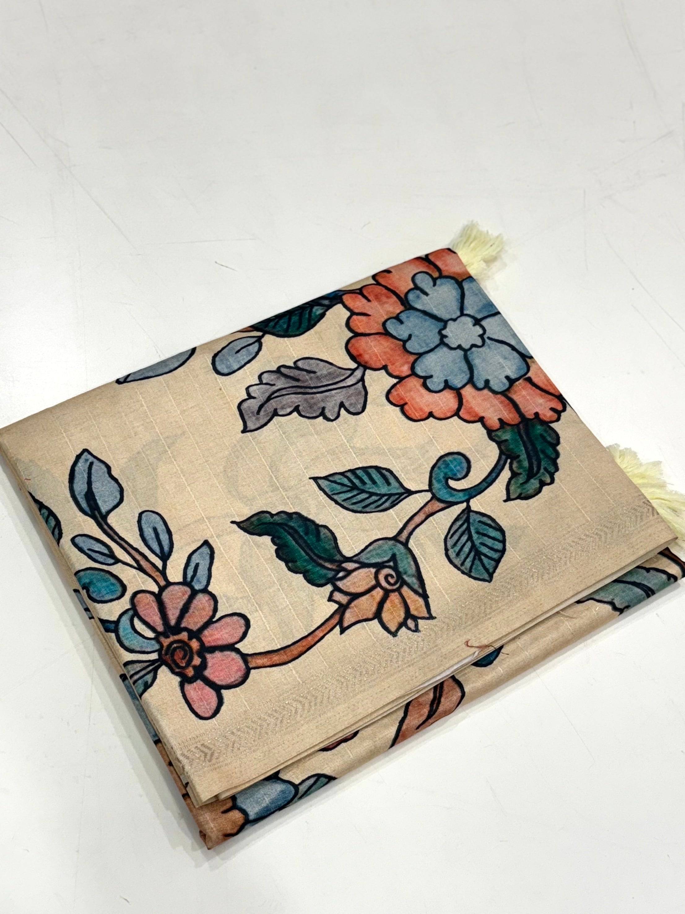 Kalamkari Printed Cream Ghicha Saree