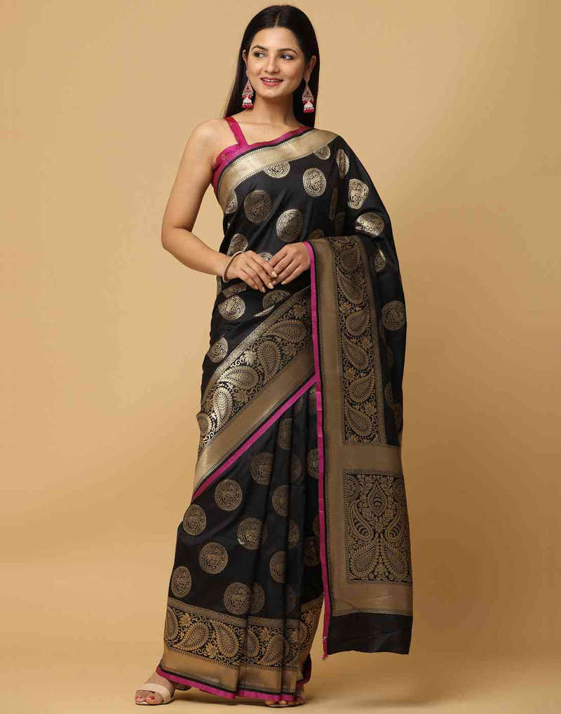Black Katan Silk Zari Weaving Saree with Paisley Pallu
