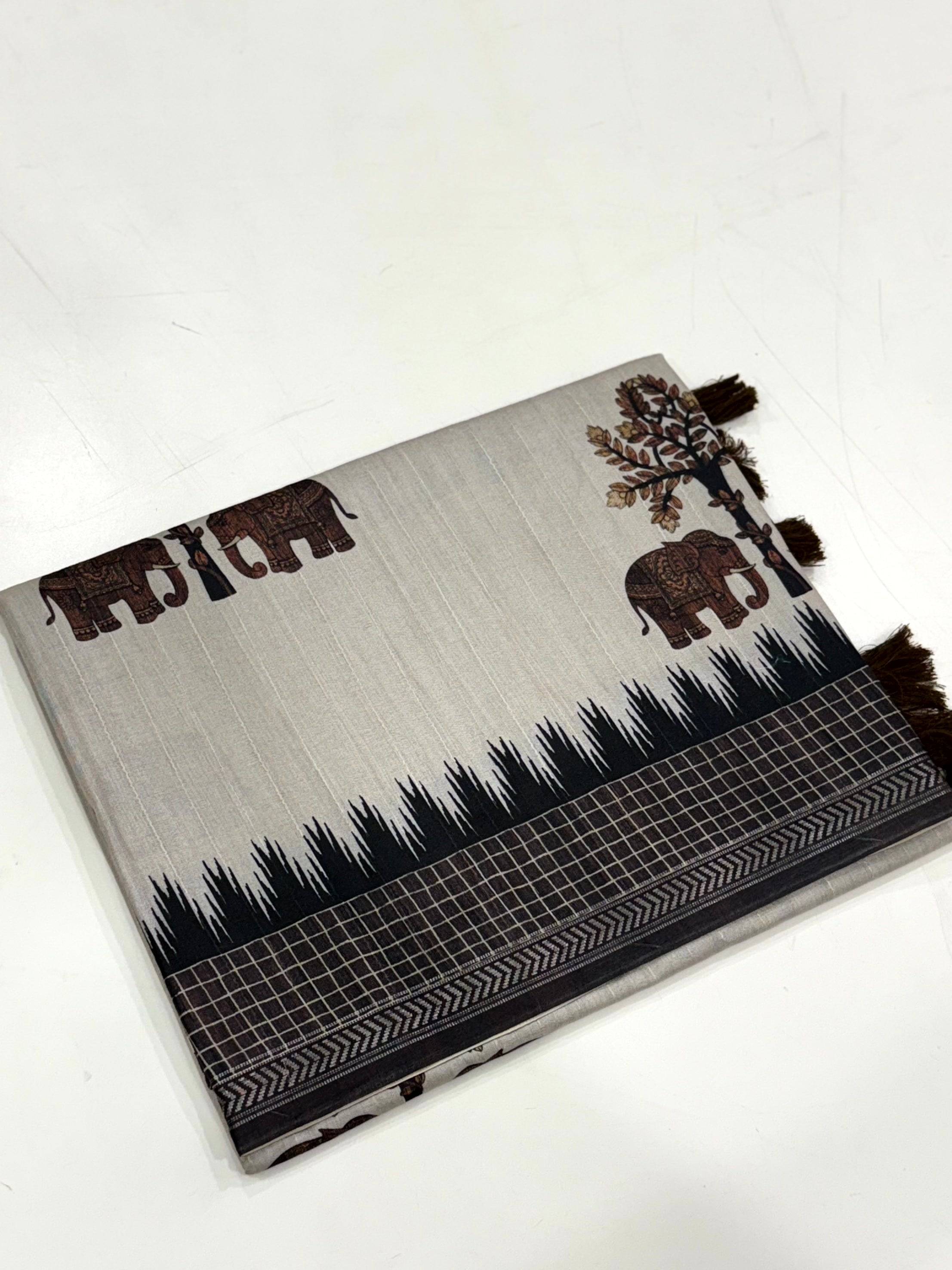 Block Printed Coffee Brown Ghicha Silk Saree