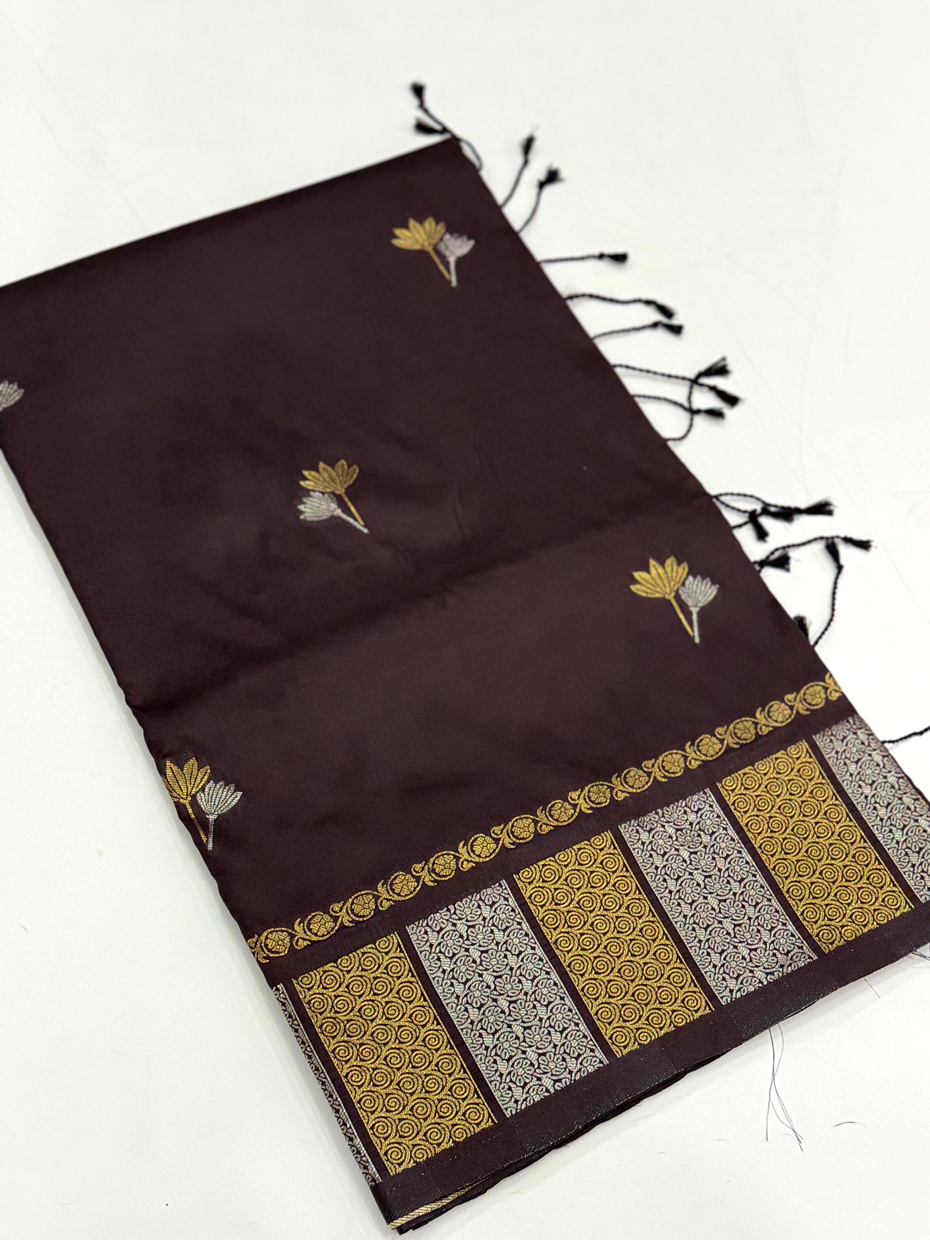 Brown Soft Silk Sona Chandi Butta Saree