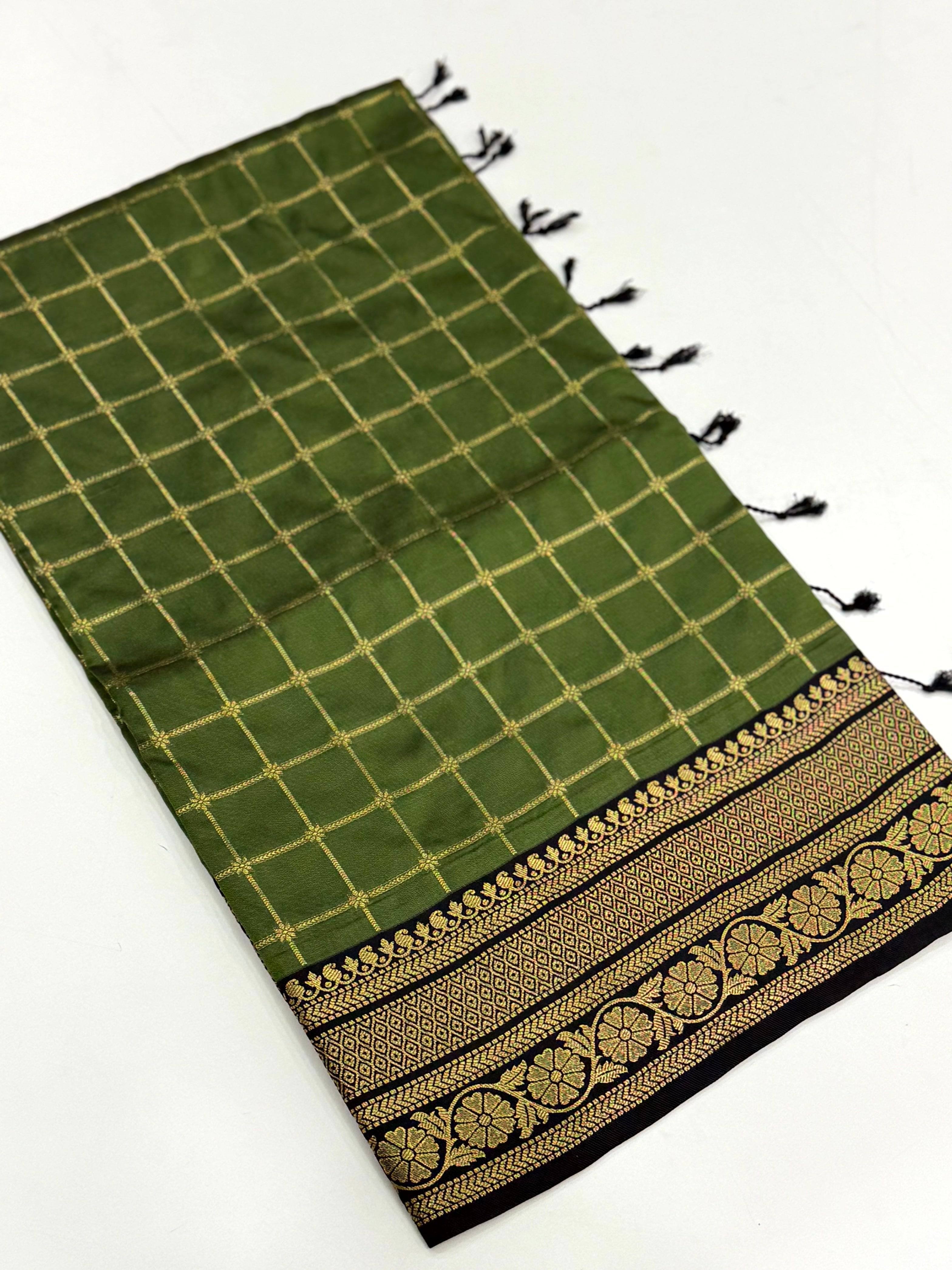 Green Self Chex Soft Silk Saree